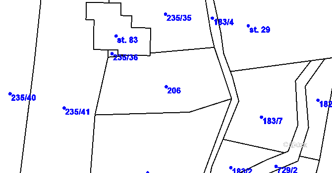 Parcela st. 206 v KÚ Tojice, Katastrální mapa