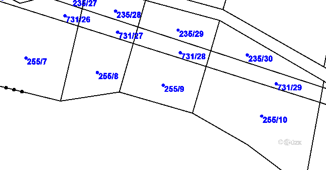 Parcela st. 255/9 v KÚ Tojice, Katastrální mapa