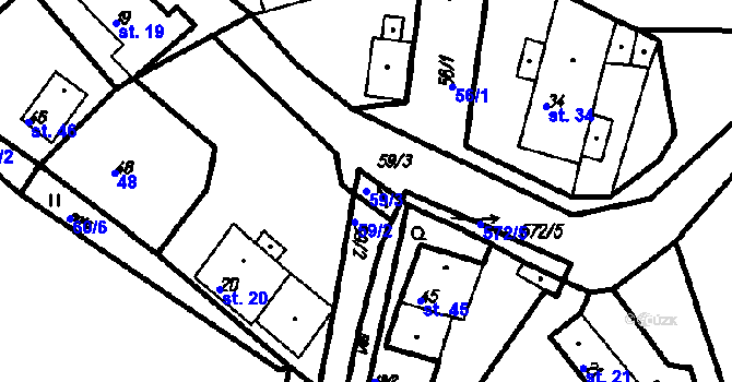 Parcela st. 59/3 v KÚ Radinovy, Katastrální mapa