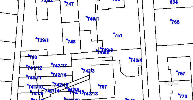 Parcela st. 749/2 v KÚ Vrchoslavice, Katastrální mapa