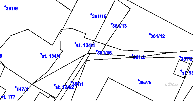 Parcela st. 361/16 v KÚ Vrchovina, Katastrální mapa