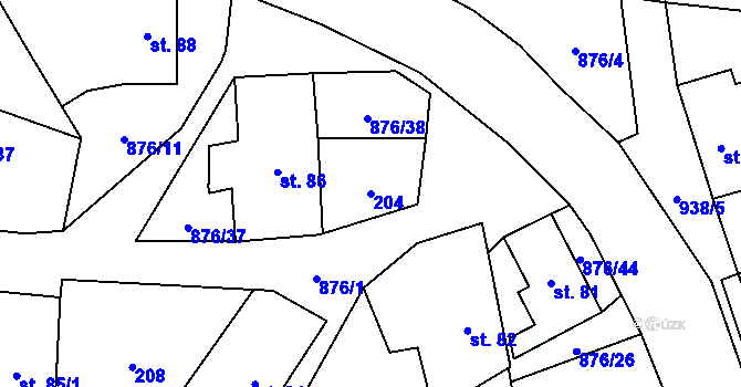 Parcela st. 204 v KÚ Vrchoviny, Katastrální mapa