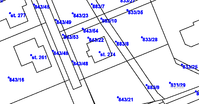 Parcela st. 274 v KÚ Vrchoviny, Katastrální mapa