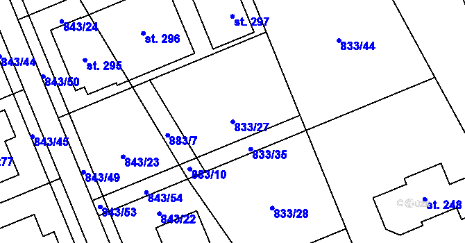 Parcela st. 833/27 v KÚ Vrchoviny, Katastrální mapa