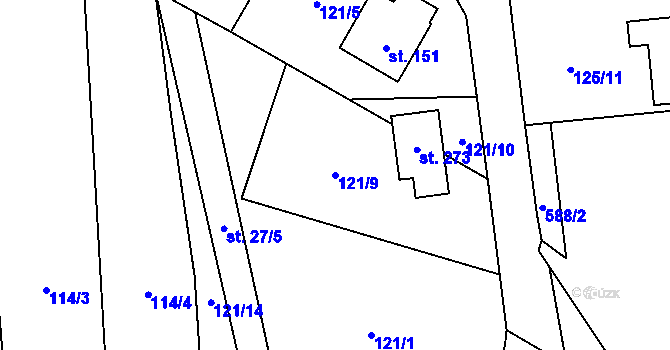 Parcela st. 121/9 v KÚ Vrchoviny, Katastrální mapa