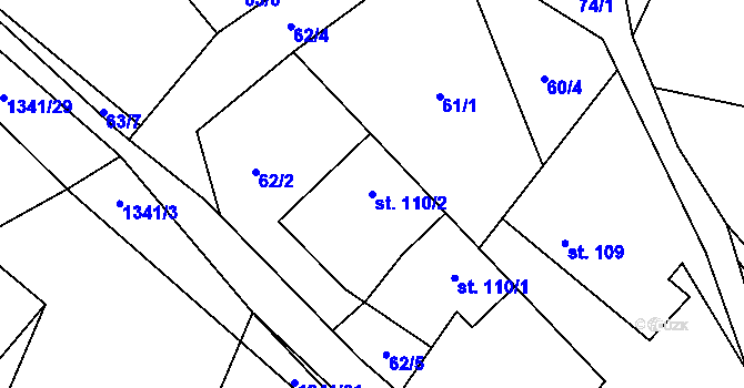 Parcela st. 110/2 v KÚ Vrchy, Katastrální mapa