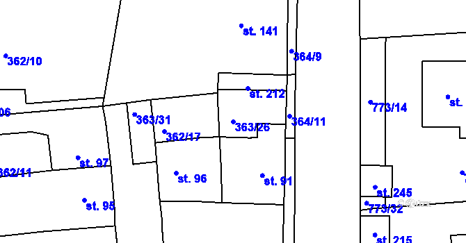 Parcela st. 363/26 v KÚ Vršovice u Loun, Katastrální mapa