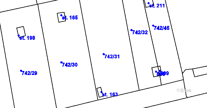 Parcela st. 742/31 v KÚ Vršovice u Loun, Katastrální mapa