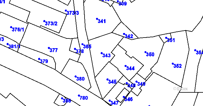 Parcela st. 343 v KÚ Vsetín, Katastrální mapa