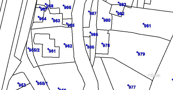 Parcela st. 986 v KÚ Vsetín, Katastrální mapa