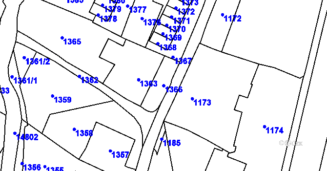 Parcela st. 1366 v KÚ Vsetín, Katastrální mapa