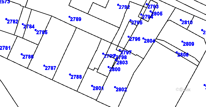 Parcela st. 2799 v KÚ Vsetín, Katastrální mapa