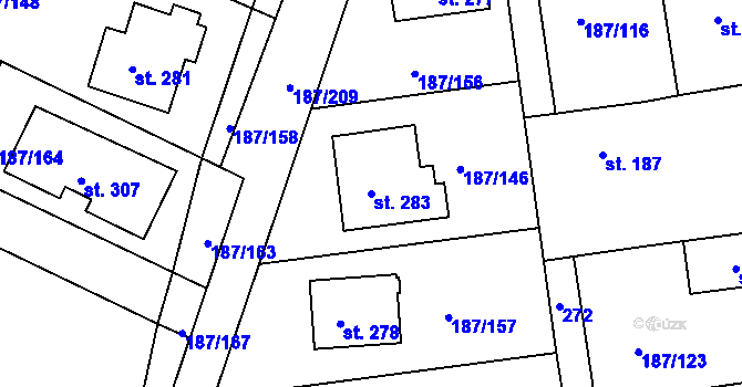 Parcela st. 283 v KÚ Všechlapy u Nymburka, Katastrální mapa