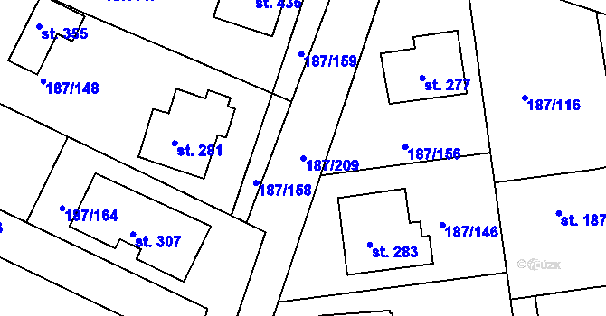 Parcela st. 187/209 v KÚ Všechlapy u Nymburka, Katastrální mapa