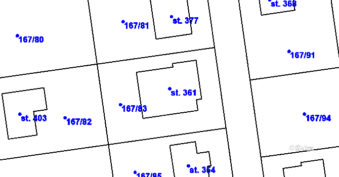 Parcela st. 361 v KÚ Všechlapy u Nymburka, Katastrální mapa
