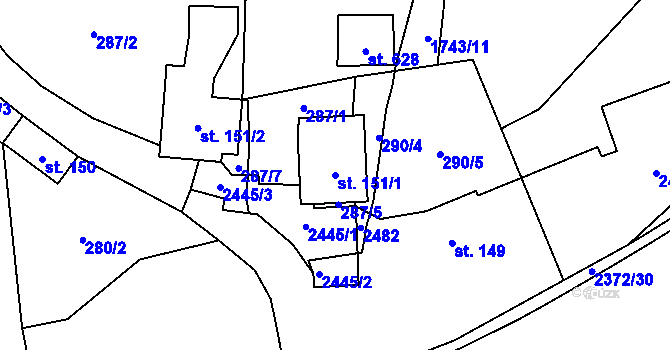 Parcela st. 151/1 v KÚ Všemina, Katastrální mapa