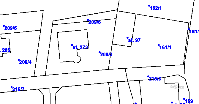 Parcela st. 209/3 v KÚ Všeradice, Katastrální mapa