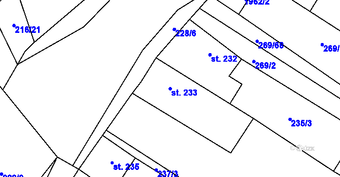 Parcela st. 233 v KÚ Všeruby u Plzně, Katastrální mapa