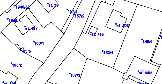 Parcela st. 153/4 v KÚ Všeruby u Plzně, Katastrální mapa