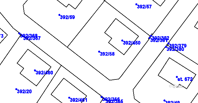 Parcela st. 392/58 v KÚ Všeruby u Plzně, Katastrální mapa