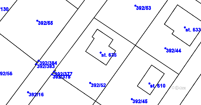 Parcela st. 635 v KÚ Všeruby u Plzně, Katastrální mapa