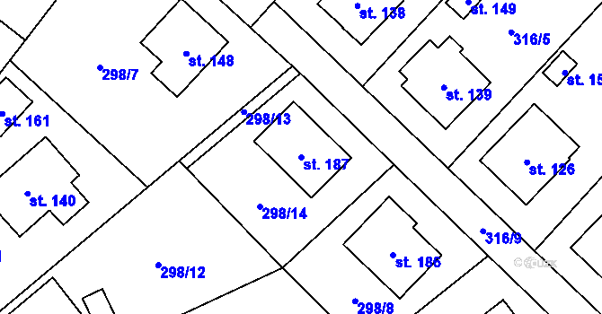 Parcela st. 187 v KÚ Všestary, Katastrální mapa