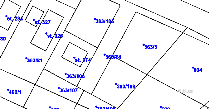 Parcela st. 363/74 v KÚ Všestary, Katastrální mapa