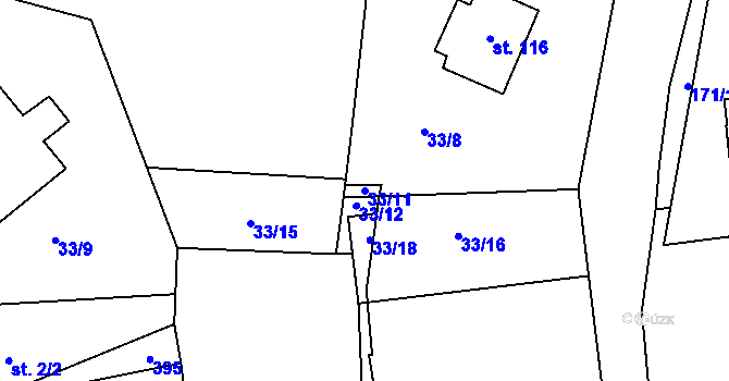 Parcela st. 33/11 v KÚ Všestudy u Veltrus, Katastrální mapa