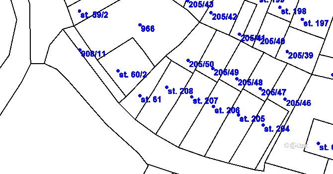 Parcela st. 208 v KÚ Vtelno, Katastrální mapa