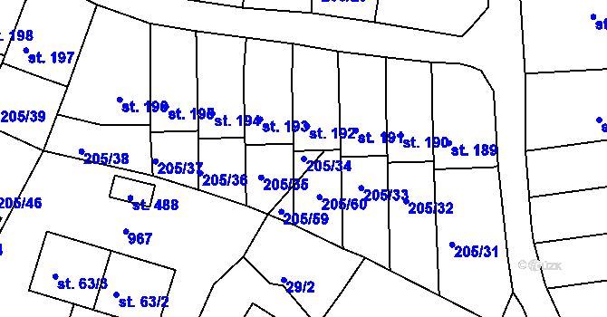 Parcela st. 205/34 v KÚ Vtelno, Katastrální mapa