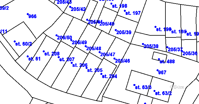 Parcela st. 205/47 v KÚ Vtelno, Katastrální mapa