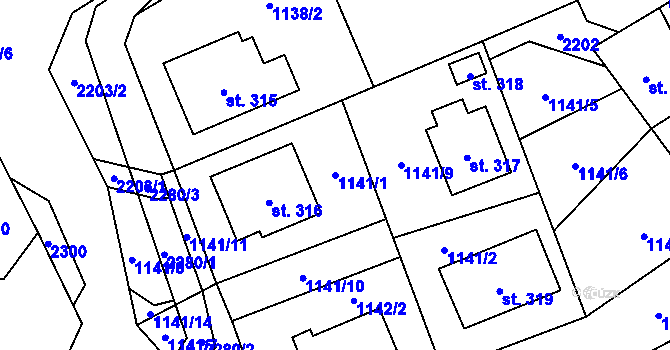 Parcela st. 1141/1 v KÚ Vyskytná, Katastrální mapa