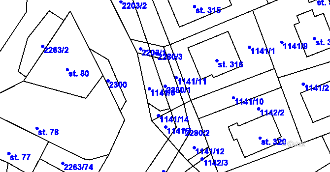 Parcela st. 2280/1 v KÚ Vyskytná, Katastrální mapa