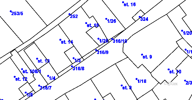 Parcela st. 316/9 v KÚ Housko, Katastrální mapa