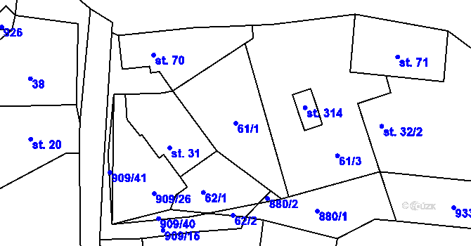 Parcela st. 61/1 v KÚ Rváčov u Hlinska, Katastrální mapa