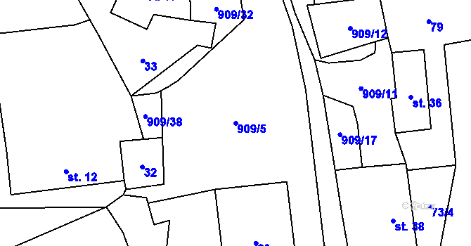 Parcela st. 909/5 v KÚ Rváčov u Hlinska, Katastrální mapa