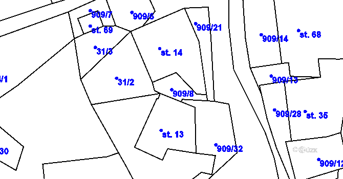 Parcela st. 909/8 v KÚ Rváčov u Hlinska, Katastrální mapa