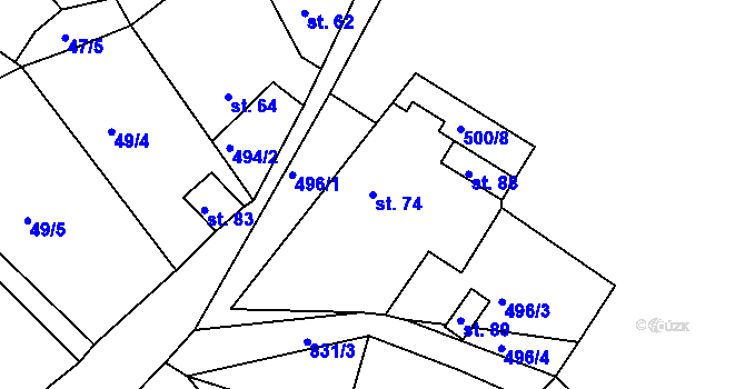 Parcela st. 74 v KÚ Drmaly, Katastrální mapa