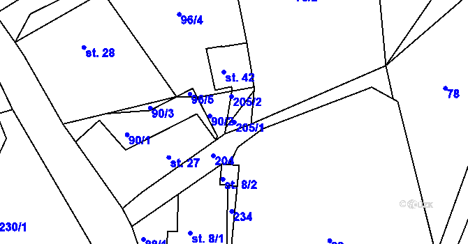 Parcela st. 205/1 v KÚ Vysoký Újezd nad Dědinou, Katastrální mapa