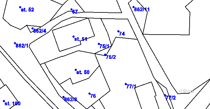 Parcela st. 75/2 v KÚ Vyšehoří, Katastrální mapa