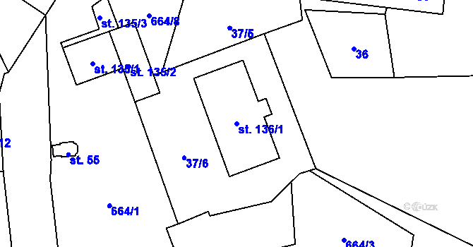 Parcela st. 136/1 v KÚ Vyšetice, Katastrální mapa