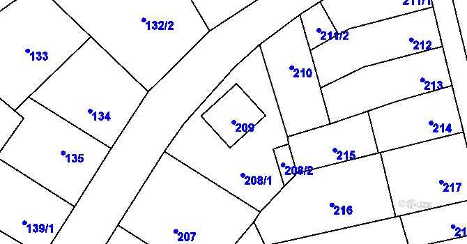 Parcela st. 209 v KÚ Vyškov, Katastrální mapa
