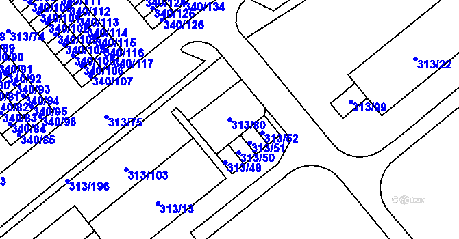 Parcela st. 313/80 v KÚ Vyškov, Katastrální mapa