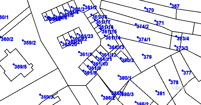 Parcela st. 361/12 v KÚ Vyškov, Katastrální mapa