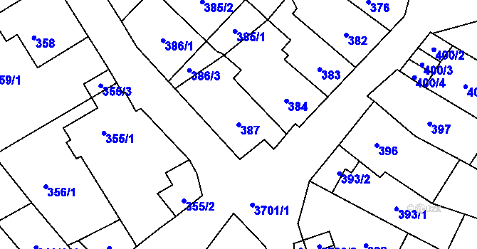 Parcela st. 387 v KÚ Vyškov, Katastrální mapa