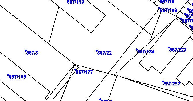 Parcela st. 567/22 v KÚ Vyškov, Katastrální mapa