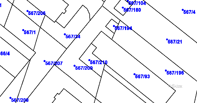 Parcela st. 567/95 v KÚ Vyškov, Katastrální mapa