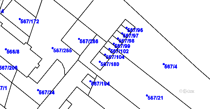 Parcela st. 567/104 v KÚ Vyškov, Katastrální mapa