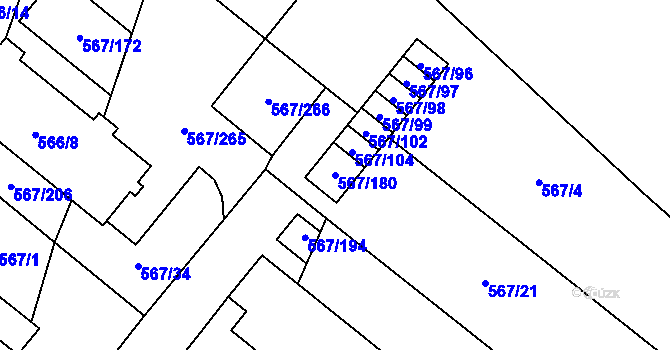 Parcela st. 567/180 v KÚ Vyškov, Katastrální mapa