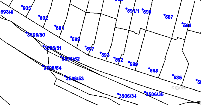 Parcela st. 593 v KÚ Vyškov, Katastrální mapa